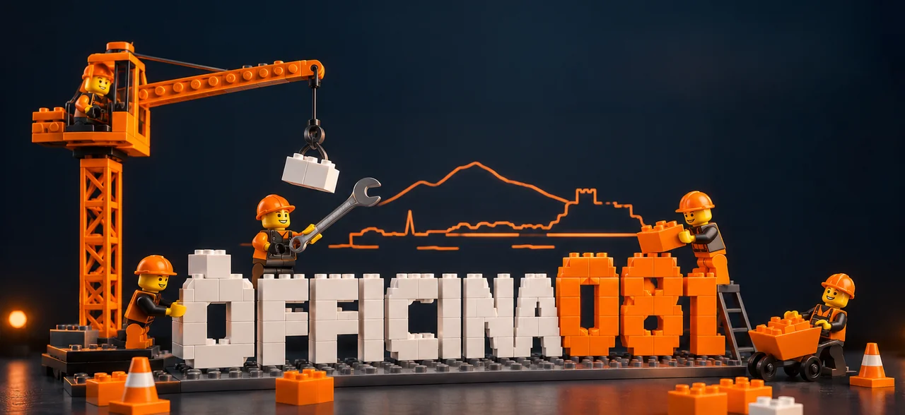 Cantiere LEGO illuminato di notte